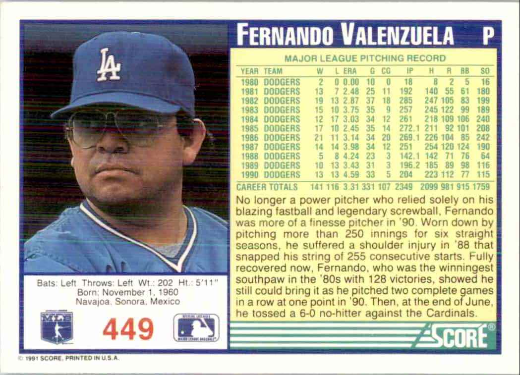 1991 Score Fernando Valenzuela #449 on Kronozio